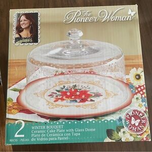 NIB Pioneer Woman Winter Bouquet Ceramic Cake Plate W/ Glass Dome Brand New